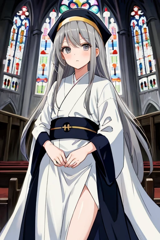 anime young girl with long grey hair and grey eyes wearing church robes