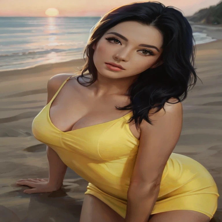 woman, black hair, tight yellow dress, medium bust, sexy pose, looking at camera, looking at viewer, on the beach, sunset background,realism,HD