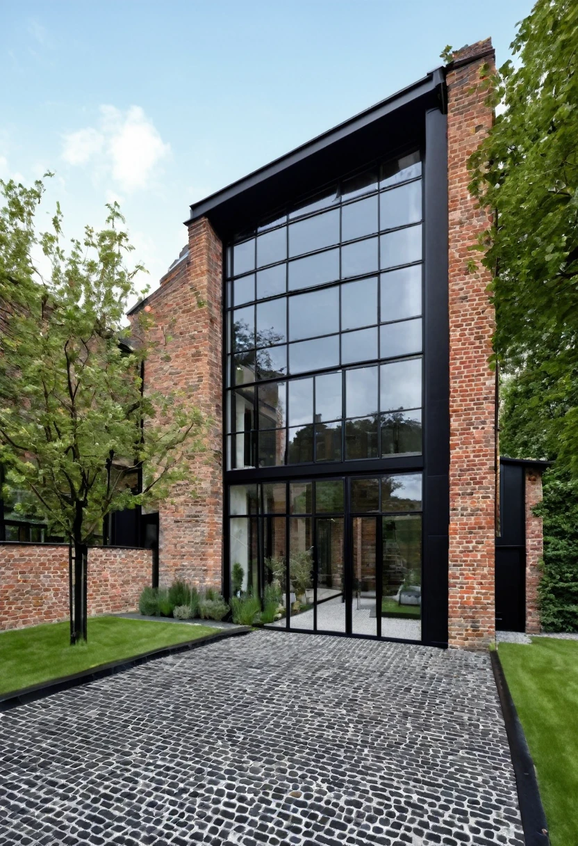 imagine an industrial house with different levels, with a glass wall divided by a massive black iron structure, a wall with English bricks, a black roof with a slope on the left side, grass in front, a stone floor up to the black main entrance door. Houses next door, Olmo trees at the entrance to the house