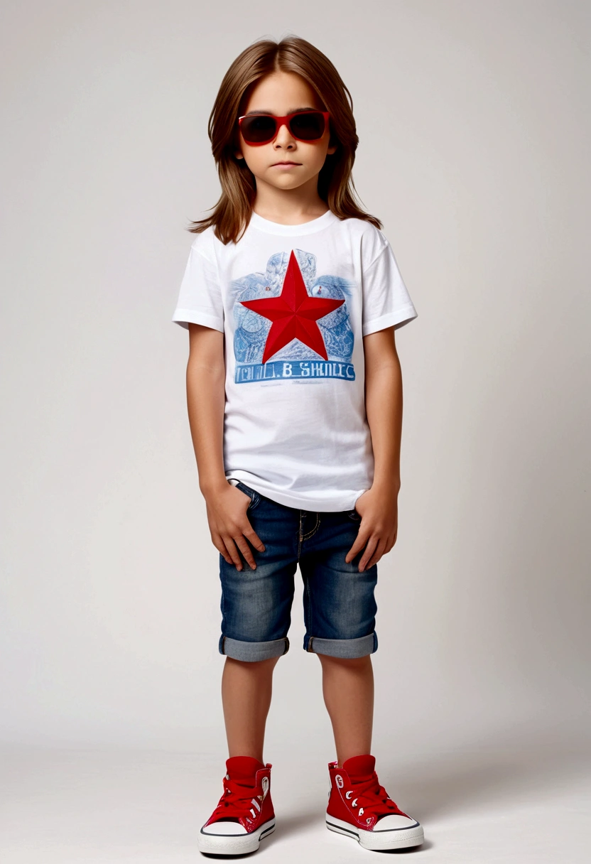 draw with full frontal view, standing, a six-year-old boy, without a smile, white skin, brown hair with shades of blonde, very long hair and straight hair, red-rimmed glasses and dark eyes. wearing a white t-shirt with no details and denim shorts and blue all star sneakers. White background