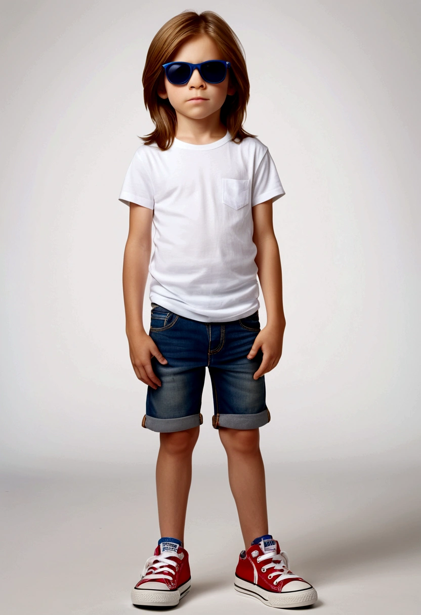 draw with full frontal view, standing, a six-year-old boy, without a smile, white skin, brown hair with shades of blonde, very long hair and straight hair, red-rimmed glasses and dark eyes. wearing a white t-shirt with no details and denim shorts and blue all star sneakers. White background