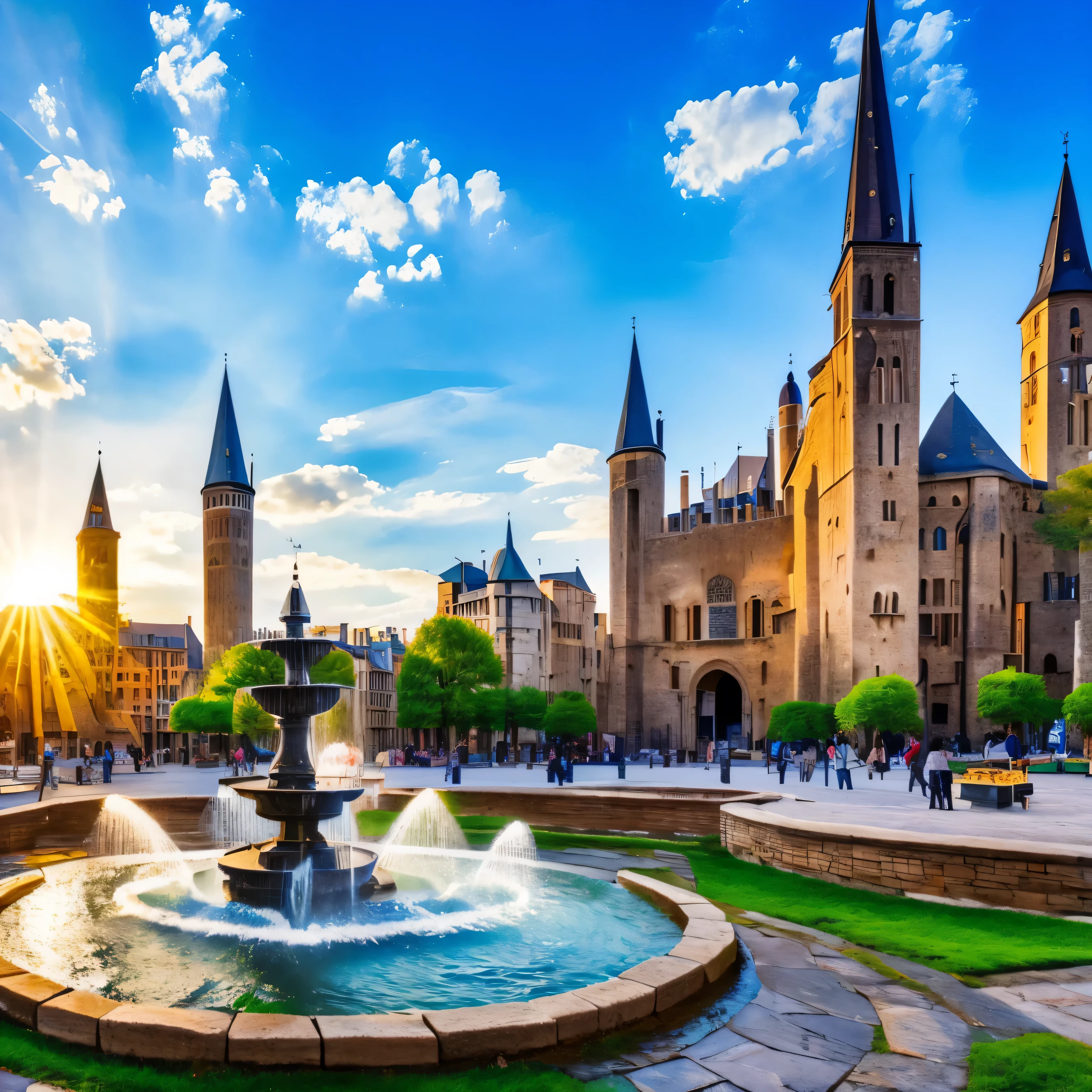 Cities of medieval Europe、Bright Morning、Shine、fountain in the center、Stonework、the surrounding city