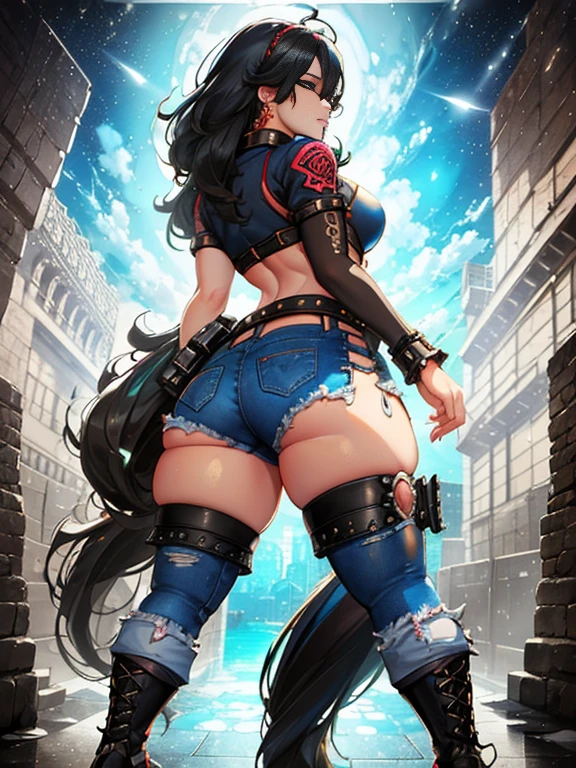 A front and back full body view of a female model in a punk-inspired outfit. The girl is depicted in a playful and vibrant manner, similar to the style shown in the reference image. She wears a High-waisted jeans with a crop top, flannel shirt, and combat boots. Her hair is styled in edgy punk manner, and she has a friendly and approachable expression. The front view shows her standing confidently, while the back view highlights the details of her outfit and hairstyle. The overall design is clean and colorful. Highly detailed, 8k, smooth, sharp focus, trending on artstation, digital painting, by Stanley Artgerm Lau, WLOP, Rossdraws, James Jean, Andrei Riabovitchev, Marc Simonetti, and Sakimichan, 