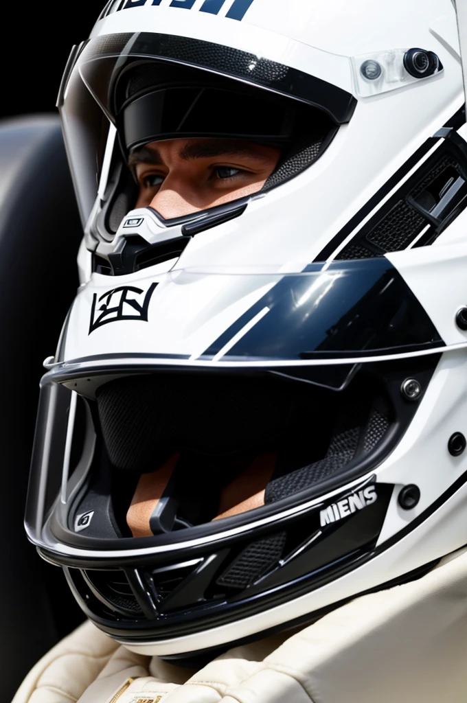 A Formula 1 driver from the Mercedes team wears his white helmet. He&#39;s standing in the team garage, surrounded by mechanics and racing team. Viste el uniforme negro con detalles en verde agua y los logos de los patrocinadores. El logo de Mercedes es visible en su uniforme y en el fondo del garaje. La postura del piloto es confiada, con los brazos cruzados y una actitud profesional. The atmosphere around is typical of a race, con herramientas, otros coches y miembros del equipo visibles