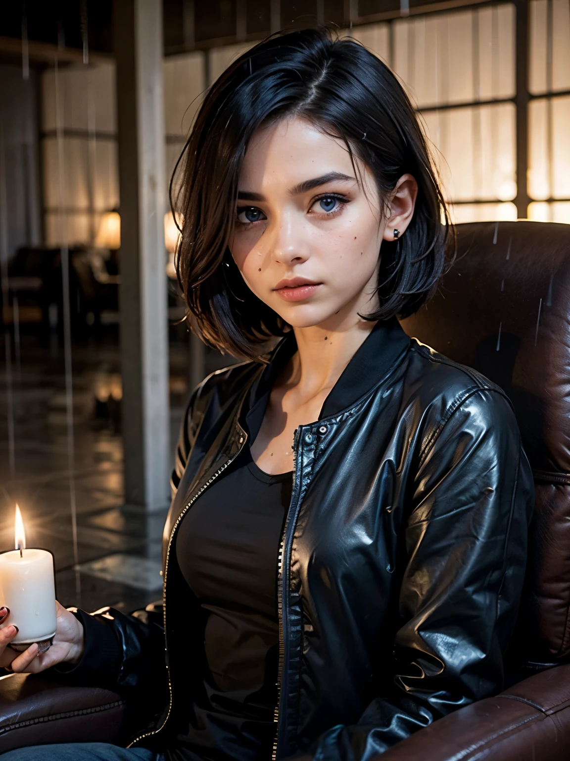 35mm film, solo, bob cut, makeup, blue eyes, small tits, (black shirt) (jacket) (((under the rain))) in night (((in a armchair))) upper body, epiCPhoto,focus on face, close to viewer, intricate lines, intriguing atmosphere, sharp magnificent details, delicate features, elaborate details, beautiful girl, black hair, (short hair) eighteen years old woman, ((upper body)) (Acne), candles, blue fire