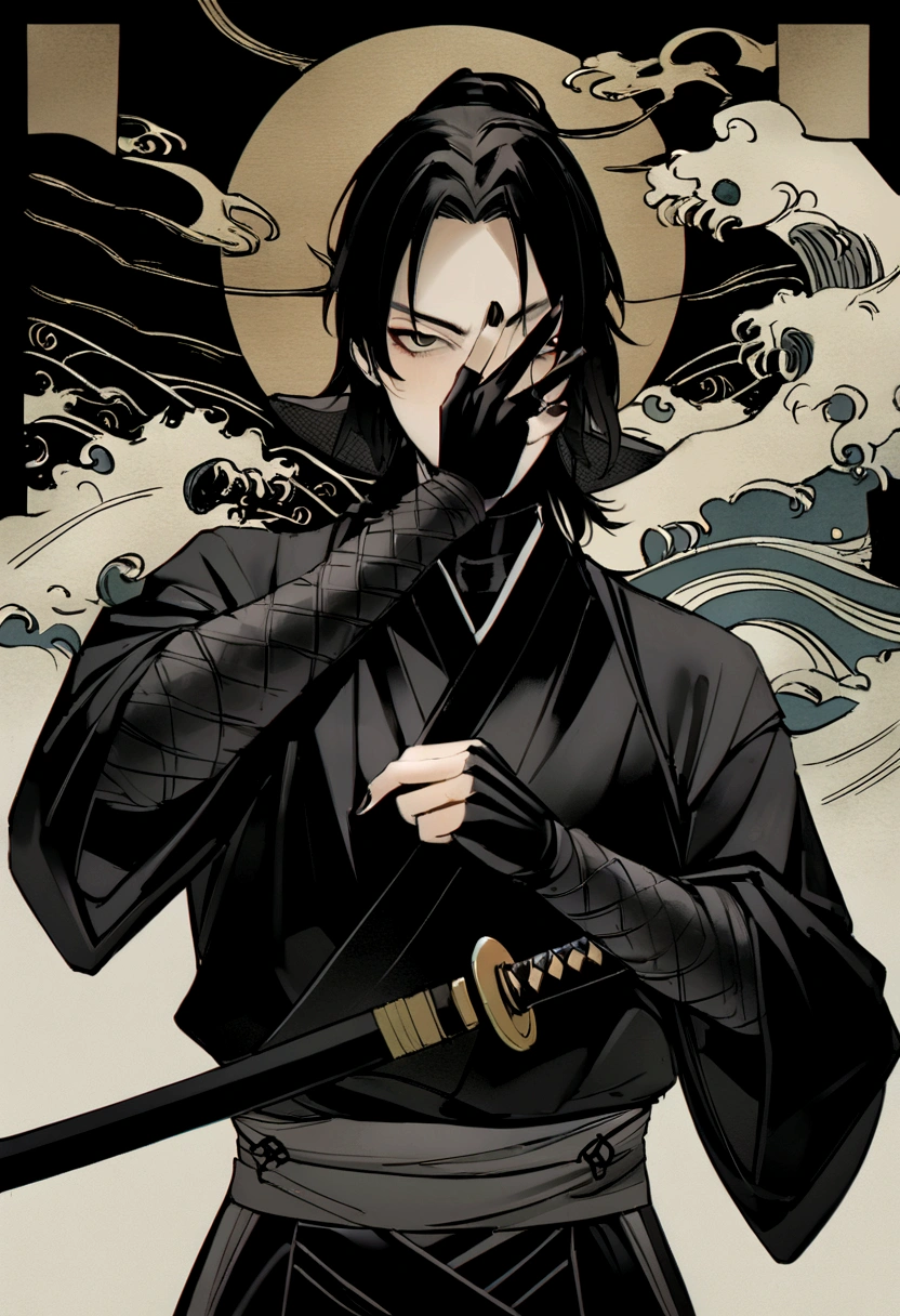 ukiyo e style, arafed man in black ninja outfit holding a knife in front of his face, ninja with katana of water wave, samurai portrait photo, mystic ninja, dramatic wielding katana pose, detailed bushido form smoke, yasuke 5 0 0 px models, wearing black robe, holding a black katana, goth ninja, inspired by Kanō Hōgai