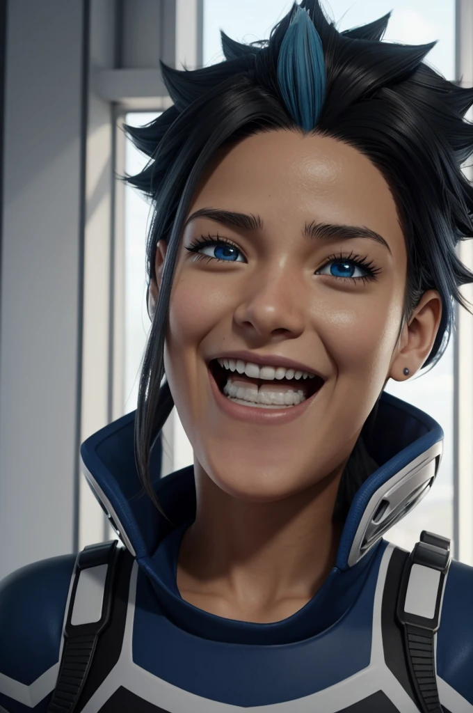 Captura de pantalla de my hero Academia. 
Una chica de cabello medio lagro en capaz color ????? com mechones blancos, He has short blue eyes with a small star in his iris., has a happy expression. Lleva puesto el uniforme de la UA con auriculares, y de fondo tiene una clase escolar de la UA y esta sentada en una mesa mientras mira la ventana. 