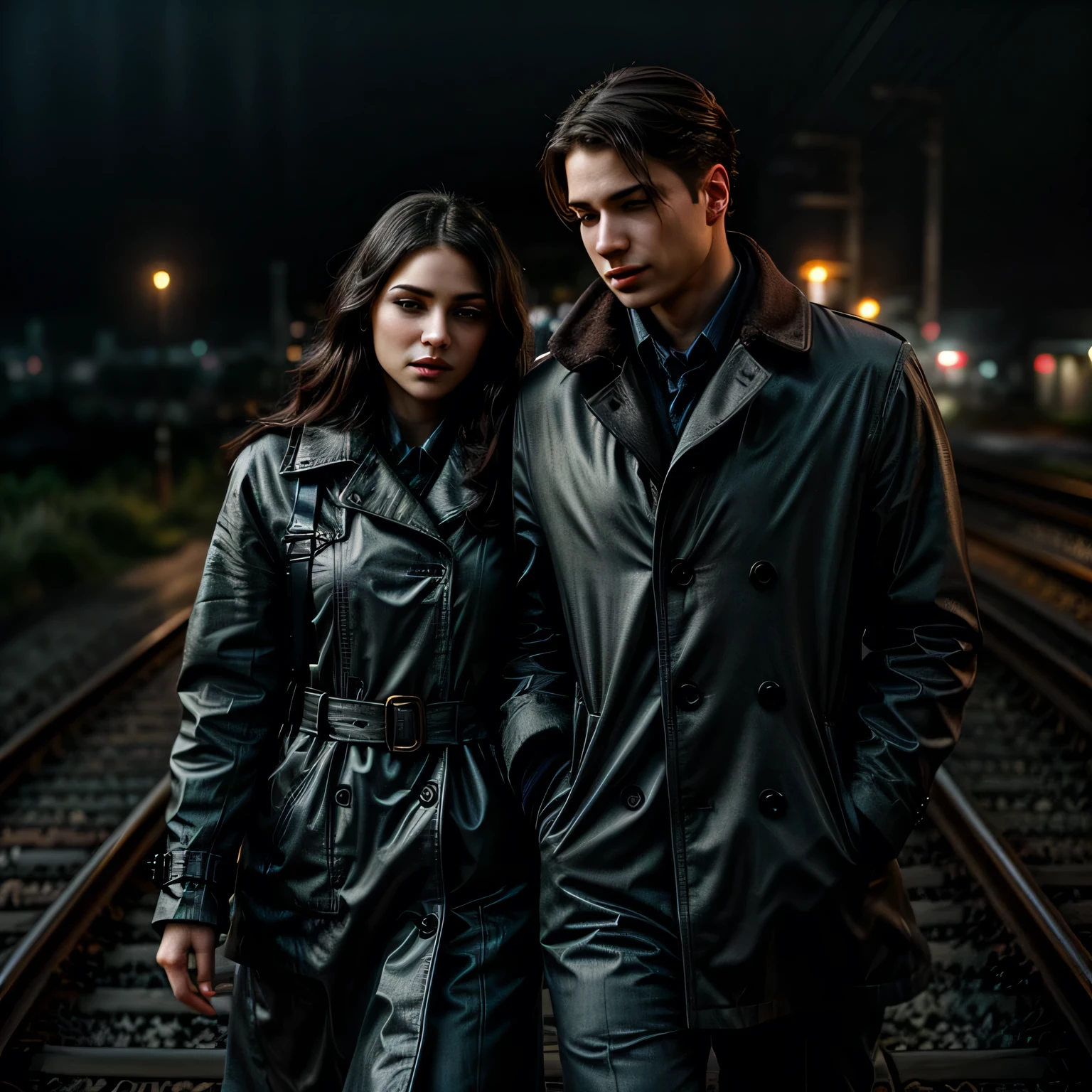 a couple walking on railway tracks at dusk, beautiful detailed eyes, beautiful detailed lips, extremely detailed face and eyes, long eyelashes, romantic couple, moody lighting, atmospheric, warm colors, cinematic, dramatic lighting, mist, fog, depth of field, film grain, cinematic composition, photorealistic, high quality, 8k, masterpiece
