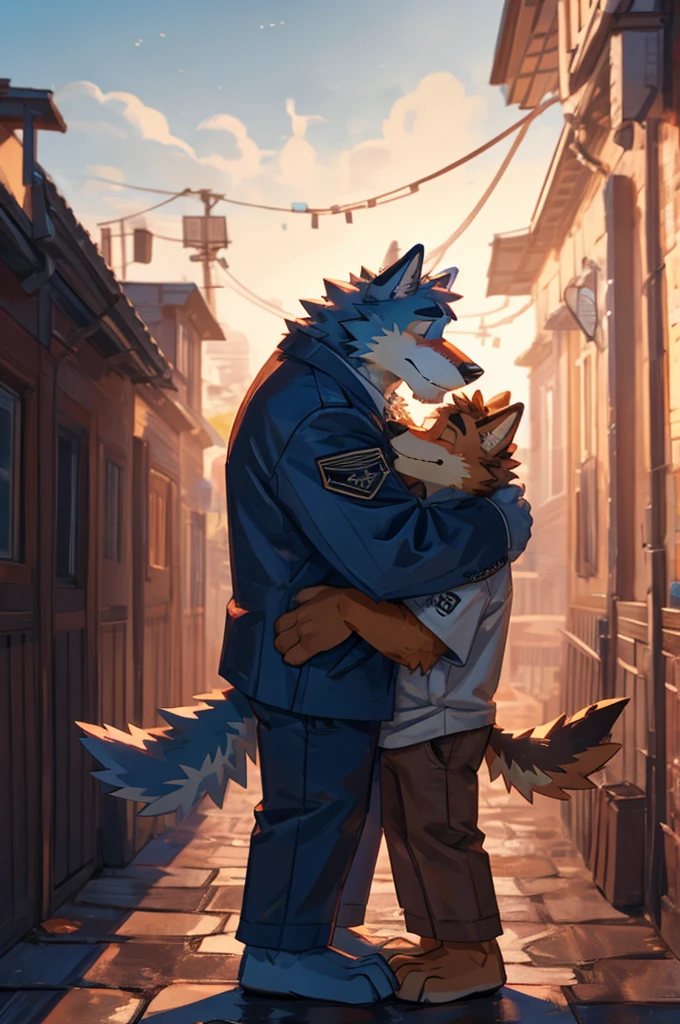 by orf, sweet hug between 2 wolves, Duo, half body, Emotional Picture of 2 character hugging, sky blue and fluffy clowd.