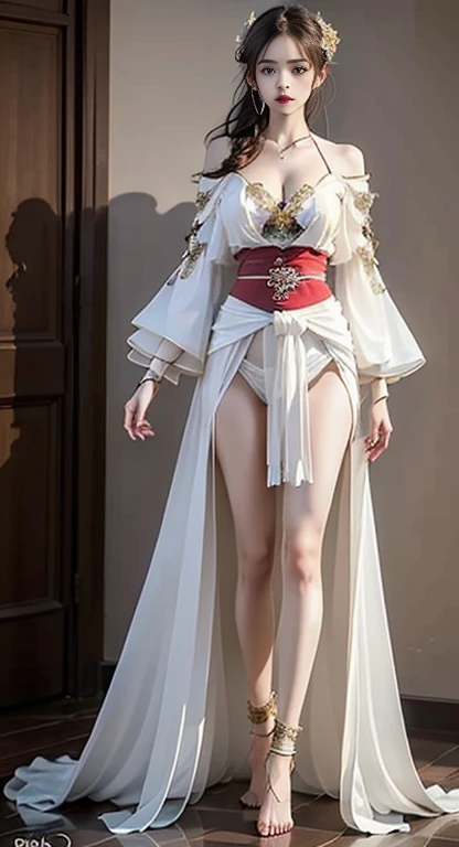 hanfu, (( shoulders)), ((whole body)), Practical, Fashion Girl, Red lips, Become a, cosmetic, big eyes, beautiful eyes, ((whole body)), ((From below)), (best quality, masterpiece:1.2), Very detailed, (Practical:1.37), (( long legs)), beautiful, Young and energetic(8K, best quality: 1.2), (masterpiece: 1.37), (photo, realism: 1.37), (Ultra-high resolution), whole body照, Perfect female body,Woman body defined thick thighs cybernetic body parts,  raw picture, 8K, Extremely detailed, Walking posture, 正面photo, Slow Motion, 21-year-old female paladin (Perfect face, perfect beauty, Richly decorated armor, , Thin waist, ，Thick long legs, Stand barefoot), (best quality, Concept Art, 4k), (simulation: 1.2), (High sharpness), masterpiece, best quality, (Very detailed的photo: 1.1), Realistic photography