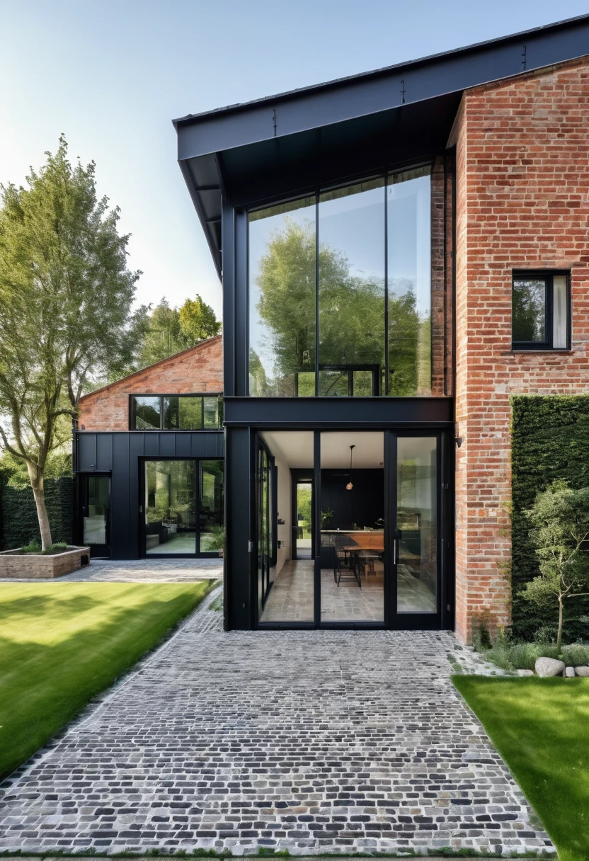imagine an industrial house with different levels, with a glass wall divided by a massive black iron structure, a wall with English bricks, a black roof with a slope on the left side, grass in front, a stone floor up to the black main entrance door. Houses next door, Olmo trees at the entrance to the house