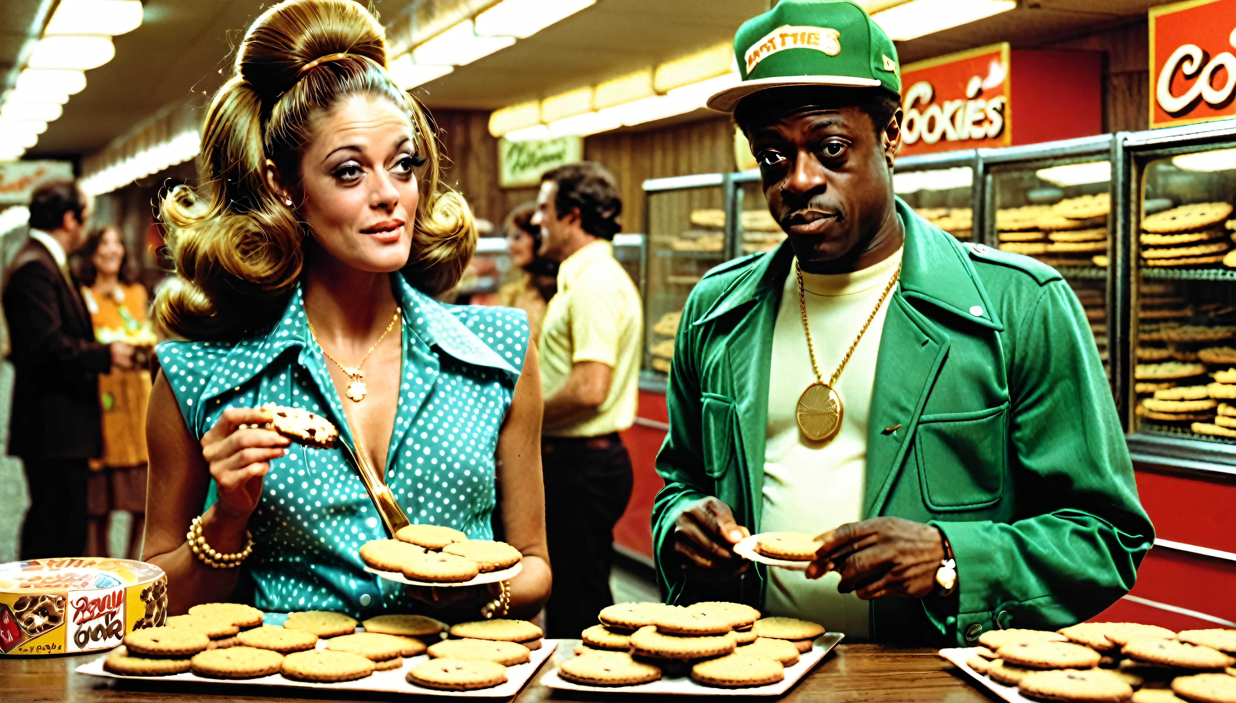 1970s photo of "Devin The Dude" wearing 1970s attire, a beautiful woman is trying to sell him cookies but he looks like he doesn't want to buy any, cinematic action, atmospheric perspective, 