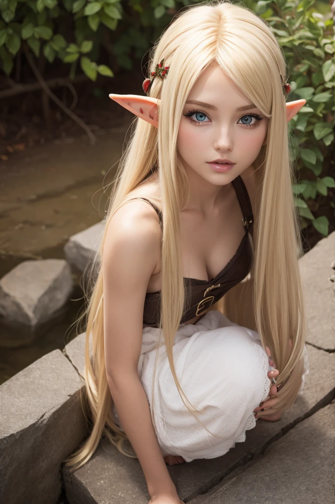 ((close-up of one person, Looking up at the person diagonally below)), ((((Squat and take a bath with your legs spread wide apart))), Looking at the camera, (Smiling), ((((30 year old beautiful elf girl)))), Baby face, Blonde hair, Long hair, Blue eyes, Hair Ornament, Slender body, (Naked))), (Ancient Greek robe of colorless transparent cloth with minimal cloth area)))), ((( No bra))), ((colorless transparent loin cloth with minimal cloth area)), ((()))), ((Bust mostly exposed that is completely see-through)))), (((Raised flesh of exposed hairless crotch that is fully see-through, clearly visible crotch cleft))), Hem fluttering in the wind, Loin cloth fluttering in the wind, Wet body, Wet clothing, collars, Bracelet, anklets, Sandals, Baths in the village of elves, Hot water smoke