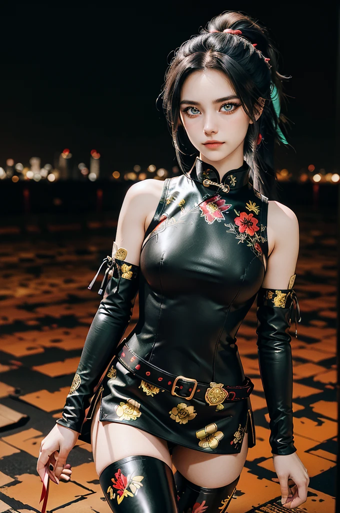 (RAW photo, best quality), Cute girl with short black hair, (ponytail), (city roof at night background), low light , green eyes , dark eyeliner, innocent smile, gorgeous face , super cute, 18 years old , young looking, hyper detailed face, dark eyeliner, (medium breast), (thin waist), (bare shoulders, (bare hips), black and redPVC mini dress with yellow flower decoration and vivid red patterns, qipao, deep black leather thigh high boots, black and red PVC arm sleeves with yellow flower decorations and vivid red patterns, wide gold metal decorative belt