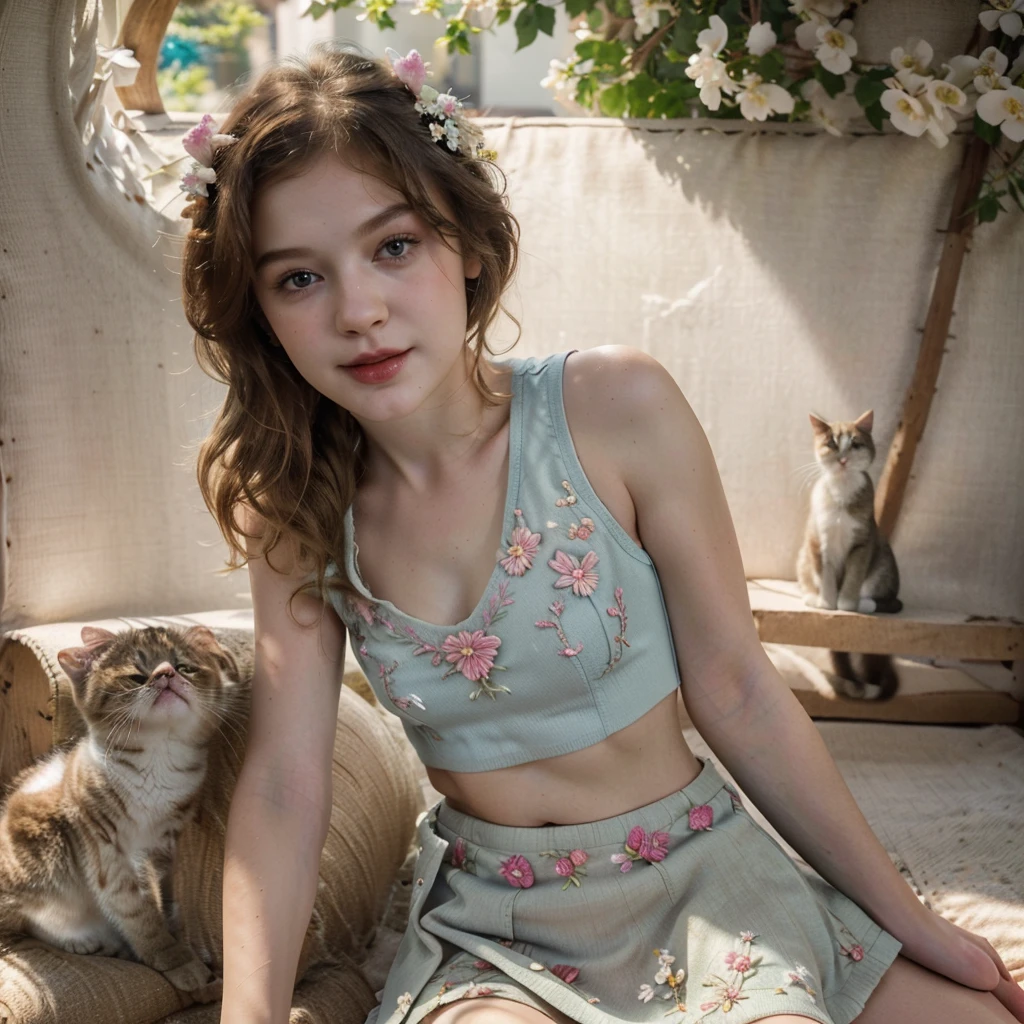 Masterpiece, Best quality, high resolution, realistic , hyperrealism , lifelike photography ,2024s, , alluring beautiful full body shot, (curly blondish brunette long hair, blue beautiful eyes), white skin with freckles,((( beautiful short cut naughty vest with flower embroidery mini skirt ))), beautiful golden necklaces & bracelets, elegant bearing, beautiful landscape background of a rose & lilac orchid garden, high budget , beautiful mesmerizing face and small nose, long and curly sparkling hair , holding a beautiful orange stray cat , clivage , sunset , pink clouds , yellowish red rays at the horizon, elegant posing, beautiful legs, fit body, gorgeous Russian woman standing and naughty posing at the lagoon shores, back shot, side shot , front shot, blue lagoon , full body shot at the frame , naughty smile , deep cut chest style dress,(( very short skirt)) ,windy summer breeze , reasonable naked body parts, reasonable nudity ,((((cute cats sitting around her)))), naughty girl , very cute smile, bra and underwear is seen ,(( lingerie )) , 25 years old blonde Russian girl ,