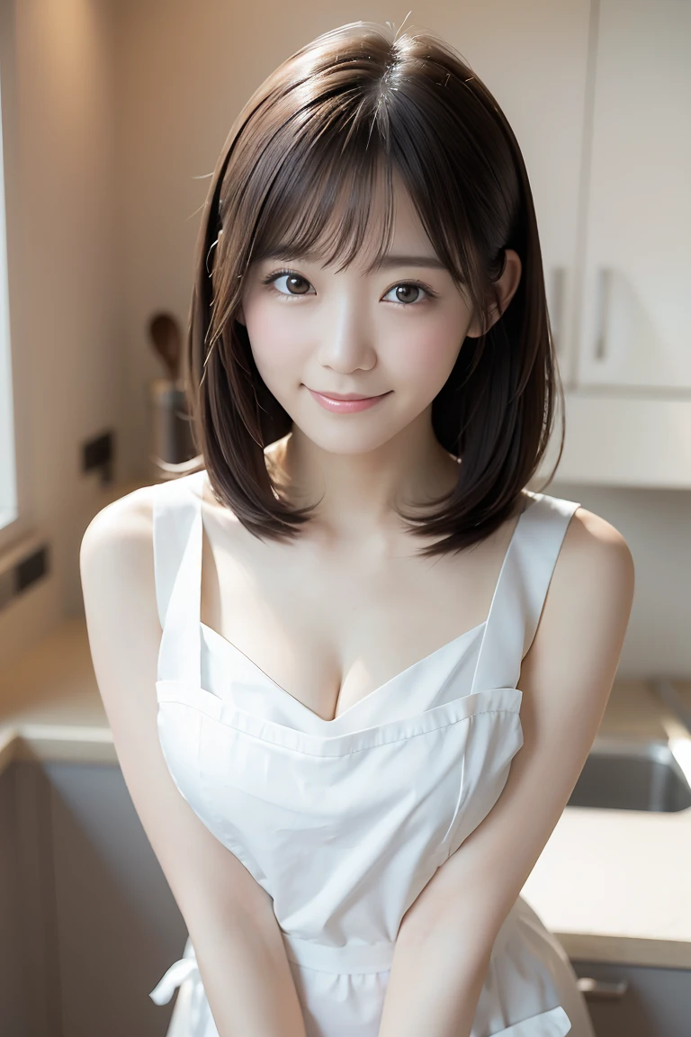 (Highest quality、Tabletop、8k、Best image quality、Award-winning works)、1. pretty girl、(Naked and white perfect apron:1.2)、Perfect girl portrait photo、Glowing Skin、Brown Hair、(Cleavage:1.1)、(Large Breasts:1.1)、Accentuate your body lines、Standing Elegantly、(Face close-up:1.4)、Woman looking up at me、Cute Smile、(The simplest kitchen background:1.1)、(Strongly blurred background:1.1)