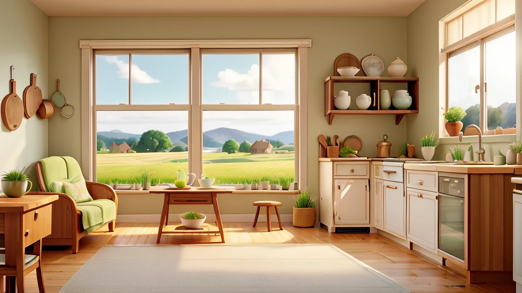 A serene, almost surreal landscape of a quaint, sleepy town, surrounded by fields of neatly trimmed wheatgrass. In the foreground, a simple, cozy kitchen scene with a beige kettle steaming on a stove. A round oatmeal cookie and a cup of tea sit on a small table by a window, with morning light softly illuminating the room.