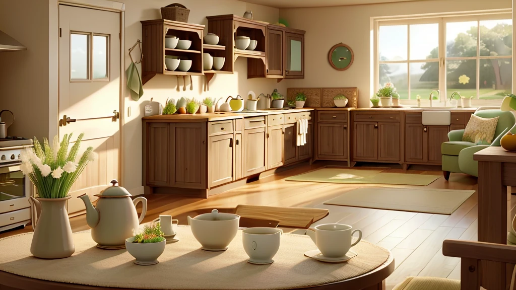 A serene, almost surreal landscape of a quaint, sleepy town, surrounded by fields of neatly trimmed wheatgrass. In the foreground, a simple, cozy kitchen scene with a beige kettle steaming on a stove. A round oatmeal cookie and a cup of tea sit on a small table by a window, with morning light softly illuminating the room.