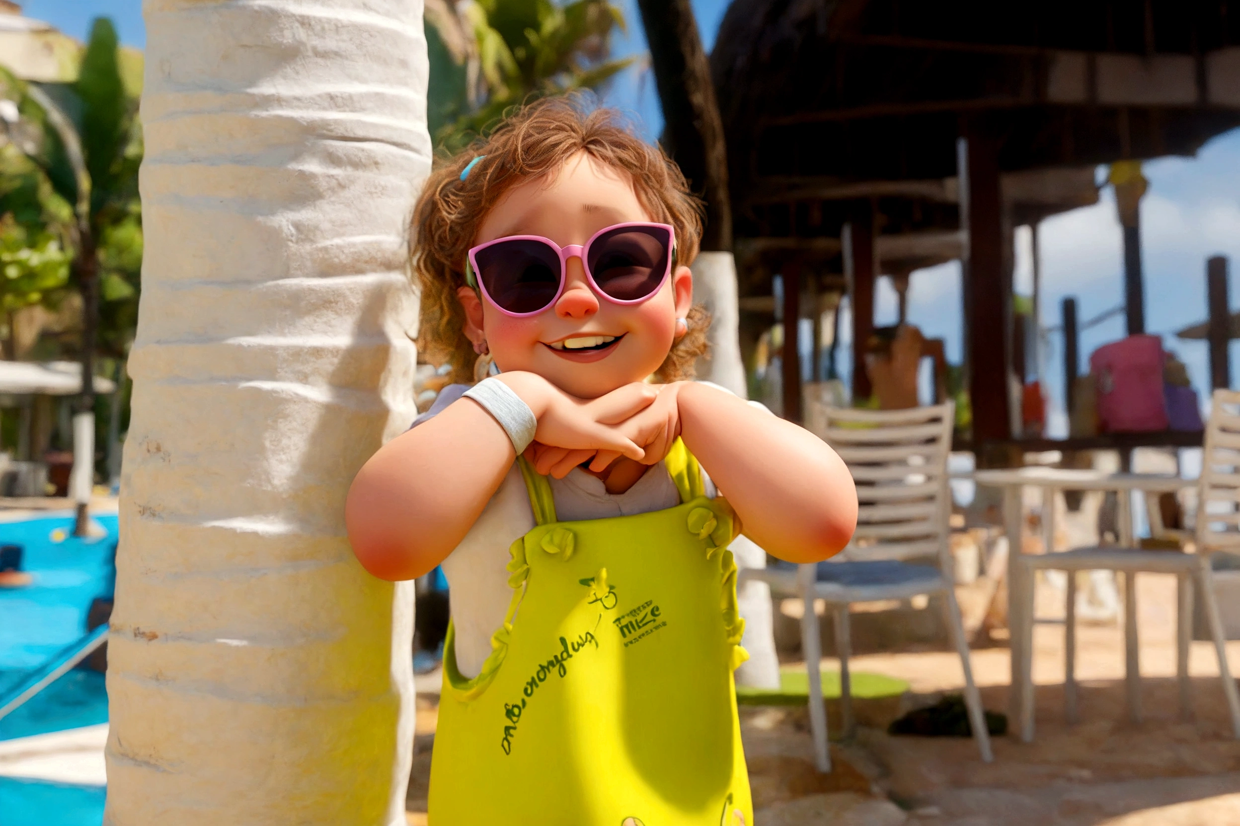 , pink dress, happy laugh, sunglasses, beach, medium focus, bright sunshine, realism, 3D, realism, symmetry, HD