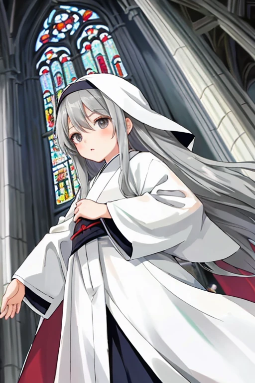 anime young girl with long grey hair and grey eyes wearing church robes