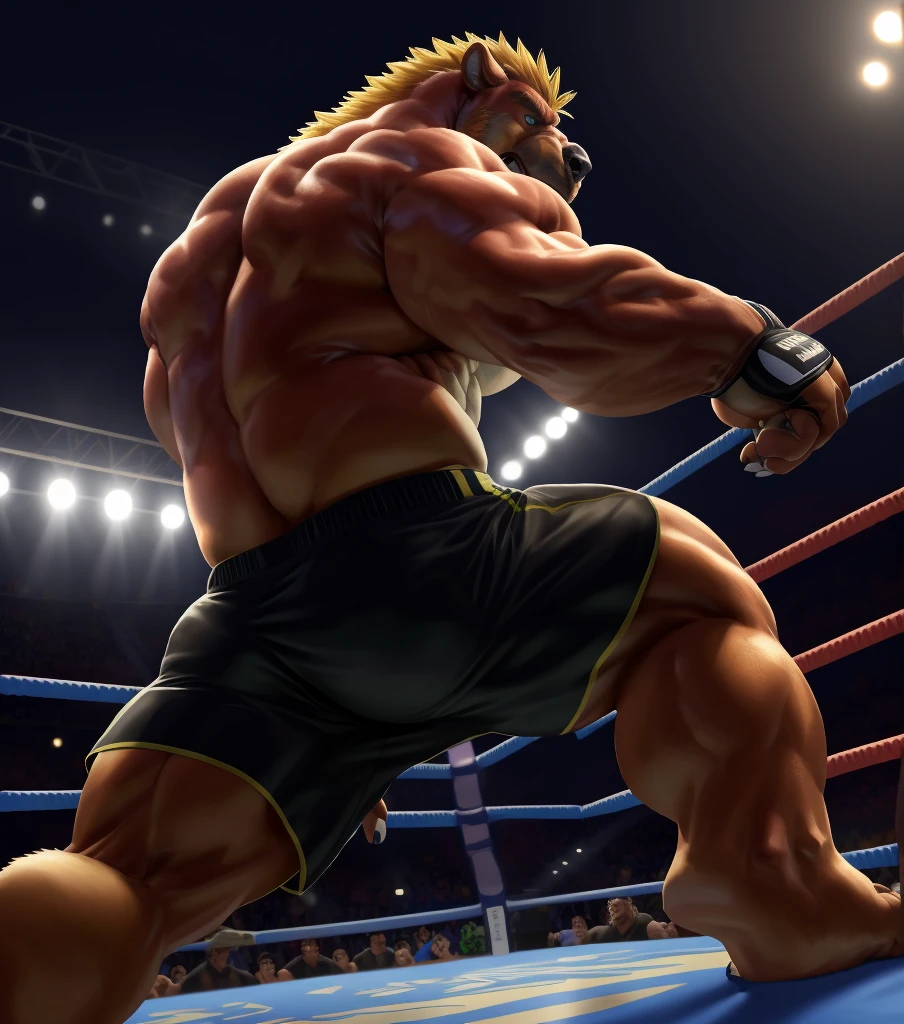 a muscular grizzly bear, fighting in an MMA arena,shirtless,topless,wearing MMA shorts,wearing MMA gloves,(best quality,4k,8k,highres,masterpiece:1.2),ultra-detailed,(realistic,photorealistic,photo-realistic:1.37),HDR,UHD,studio lighting,ultra-fine painting,sharp focus,physically-based rendering,extreme detail description,professional,vivid colors,bokeh,action photography,dynamic composition,dramatic lighting