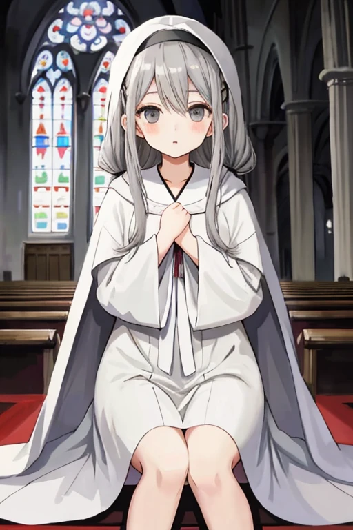 anime young girl with long grey hair and grey eyes wearing church robes
