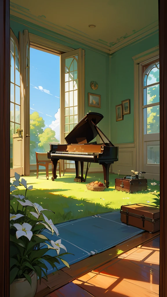 create an instrument room with piano guitar violin harp keyboard and handpan, and in that room there is a large glass door that shows a green pasture and a blue sky, with a tree, and the tree is with a picnic cloth chadrez on the floor of the red color, all in the lo-fi style