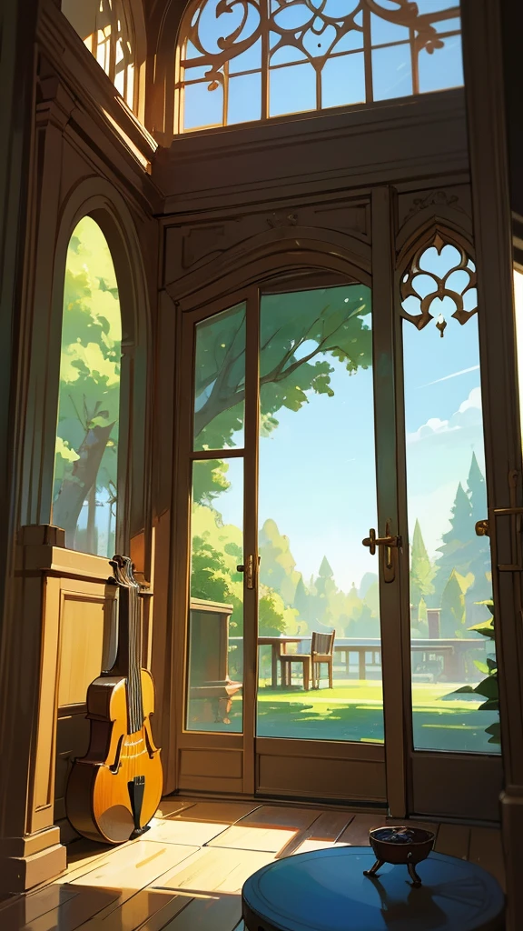 create an instrument room with piano guitar violin harp keyboard and handpan, and in that room there is a large glass door that shows a green pasture and a blue sky, with a tree, and the tree is with a picnic cloth chadrez on the floor of the red color, all in the lo-fi style