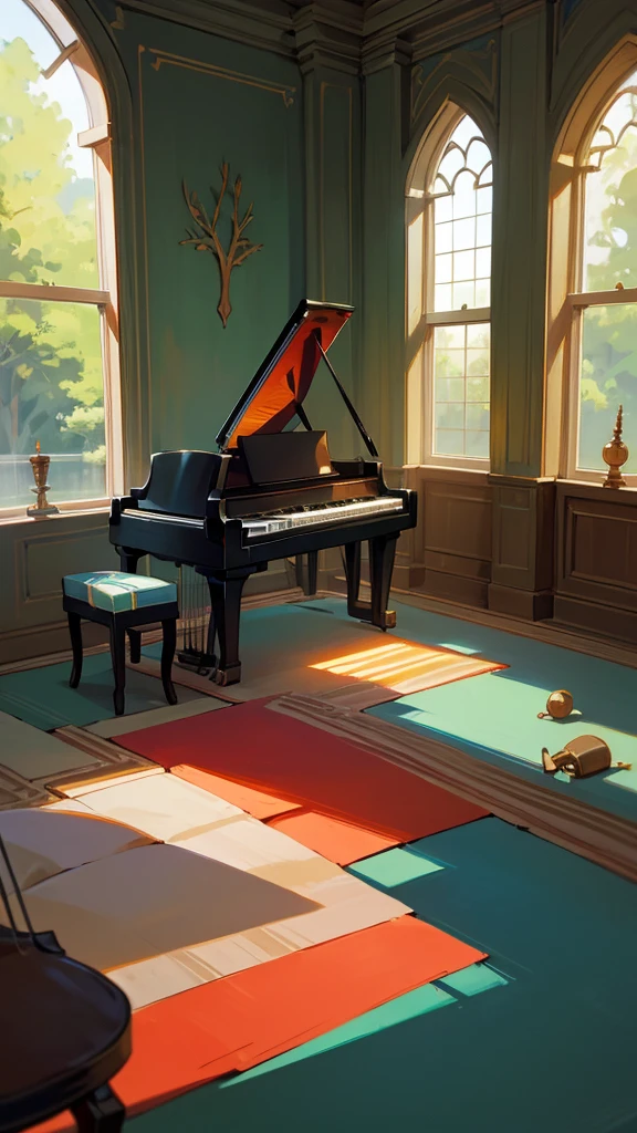create an instrument room with piano guitar violin harp keyboard and handpan, and in that room there is a large glass door that shows a green pasture and a blue sky, with a tree, and the tree is with a picnic cloth chadrez on the floor of the red color, all in the lo-fi style