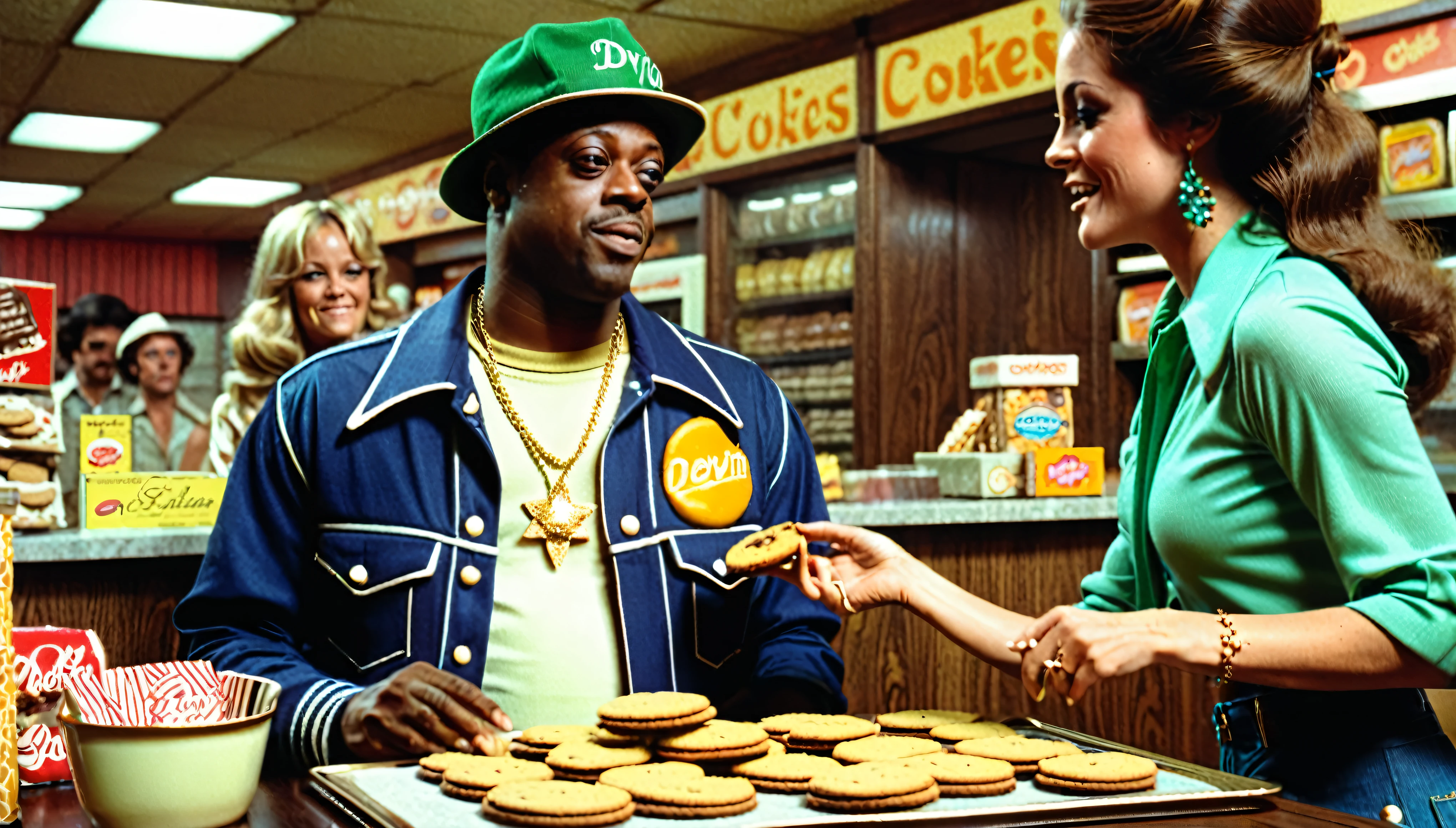 1970s photo of "Devin The Dude" wearing 1970s attire, a beautiful woman is trying to sell him cookies but he looks like he doesn't want to buy any, cinematic action, atmospheric perspective, 