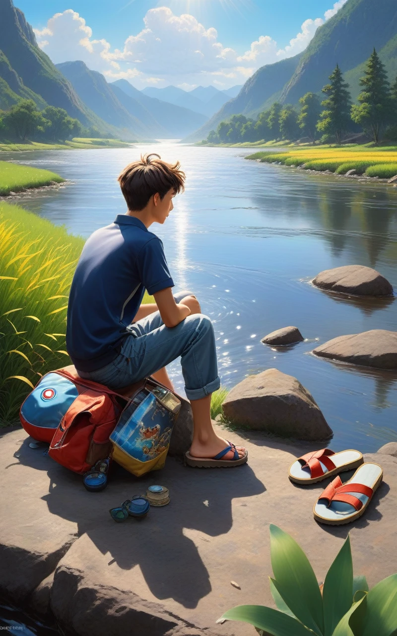 Prompt: ((full body)), In leng jun and norman rockwell art style, hd, 8k resolution, fullbody, 16k resolution, hd, view from behind, 1 BOY is sitting by the river watching the sun rice in the background, river, mountains, sun, clouds He is wearing flip flop sandals, dramatic, pacefull scene high quality masterful still-life painting, oil painting, vibrant rich colors, atmospheric perspective, depth, illustration, intricate details, ultra high resolution, sharp details, sharp focus, 8k resolution Miki Asai Macro photography, fullbody, hyper detailed, trending on artstation, sharp focus, studio photo, intricate details, highly detailed, by greg rutkowski ,GO_pokemon, high quality masterful still-life painting, oil painting, vibrant rich colors, atmospheric perspective, depth, illustration, intricate details, ultra high resolution, sharp details, sharp focus, 8k resolution Miki Asai Macro photography, fullbody, hyper detailed, trending on artstation, sharp focus, studio photo, intricate details, highly detailed, by greg rutkowski ,GO_pokemon,
