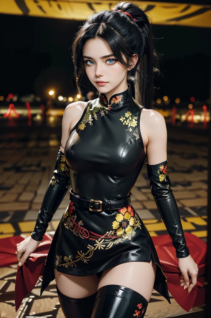 (RAW photo, best quality), Cute girl with short black hair, (ponytail), (city roof at night background), low light , green eyes , dark eyeliner, innocent smile, gorgeous face , super cute, 18 years old , young looking, hyper detailed face, dark eyeliner, (medium breast), (thin waist), (bare shoulders, (bare hips), black and redPVC mini dress with yellow flower decoration and vivid red patterns, qipao, deep black leather thigh high boots, black and red PVC arm sleeves with yellow flower decorations and vivid red patterns, (wide gold metal belt)