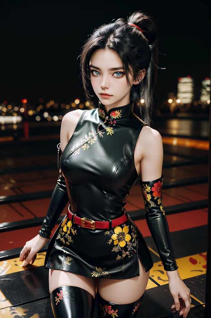 (RAW photo, best quality), Cute girl with short black hair, (ponytail), (city roof at night background), low light , green eyes , dark eyeliner, innocent smile, gorgeous face , super cute, 18 years old , young looking, hyper detailed face, dark eyeliner, (medium breast), (thin waist), (bare shoulders, (bare hips), black and redPVC mini dress with yellow flower decoration and vivid red patterns, qipao, deep black leather thigh high boots, black and red PVC arm sleeves with yellow flower decorations and vivid red patterns, (wide gold metal belt)