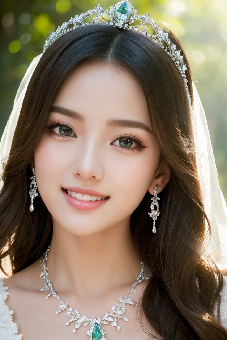 (Highest quality、Tabletop、8k、Best image quality、Award-winning works)、One beautiful bride、(alone:1.1)、(The most extravagant and gorgeous huge pure white wedding dress:1.1)、(Perfect Wedding Lace:1.2)、(The most gorgeous and luxurious giant tiara:1.3)、(The most extravagant and luxurious giant necklace:1.3)、(Tiara adorned with huge jewels:1.3)、(Large Breastsの谷間:1.1)、(Large Breasts:1.1)、Smiling widely and showing beautiful teeth、Look at me with your best smile、The finest jewellery decoration、Perfect Makeup、Long eyelashes、Ultra HD Shining Eyes、Ultra HD Hair、Ultra High Resolution Glossy Lips、Ultra High Resolution Perfect Teeth、Beautiful face in ultra-high definition、(Accurate anatomy:1.1)、Very bright and beautiful skin、very bright and vivid、Beautiful glossy lips、Perfect beautiful bridal hairstyles、(Front facing body:1.1)、(Beautiful sunlight filtering through the trees:1.1)、(Fantastic Fog:1.1)、Spectacular Cinema Lighting、(A beautiful, shining green forest:1.1)、(Mysterious and fantastical forest background:1.2)、(Tyndall effect:1.1)、(The most moody and romantic:1.1)