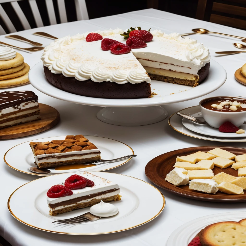 ultra realistic image of a white table with various delicious desserts on the table