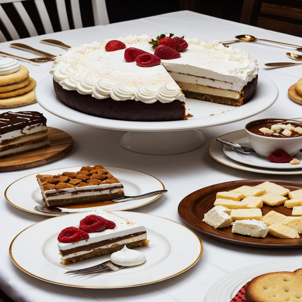 ultra realistic image of a white table with various delicious desserts on the table