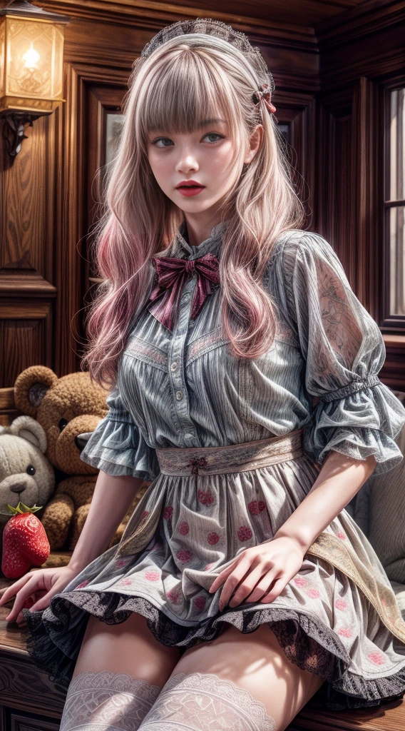 Mature Woman、Pink Hair、Light grey hair、((Two-tone hair))、White Lolita dress with delicate pink decoration、Slender women、Cute Woman、 8K Ultra HD,Detailed face、Delicate texture, Long Hair、(((Blunt bangs)))、((Drill Hair))、Tutu skirt、Thigh-length lace tights、short boots、((Ethnic Lolita))、mini skirt、A room in a Western-style building、((Delicate photo))，(Girl Astepeace RAW Photo Details:1.25), (Highest quality:1.6), (Ultra-high resolution:1.5), (Realistic:1.75), 8K resolution, Canon EOS R5, 50mm, Absurd, Very detailed,Cinema Lighting、((stuffed toy:1.25))、(Browsing Caution)、(Spread your legs)、bow、((Strawberry print panties))