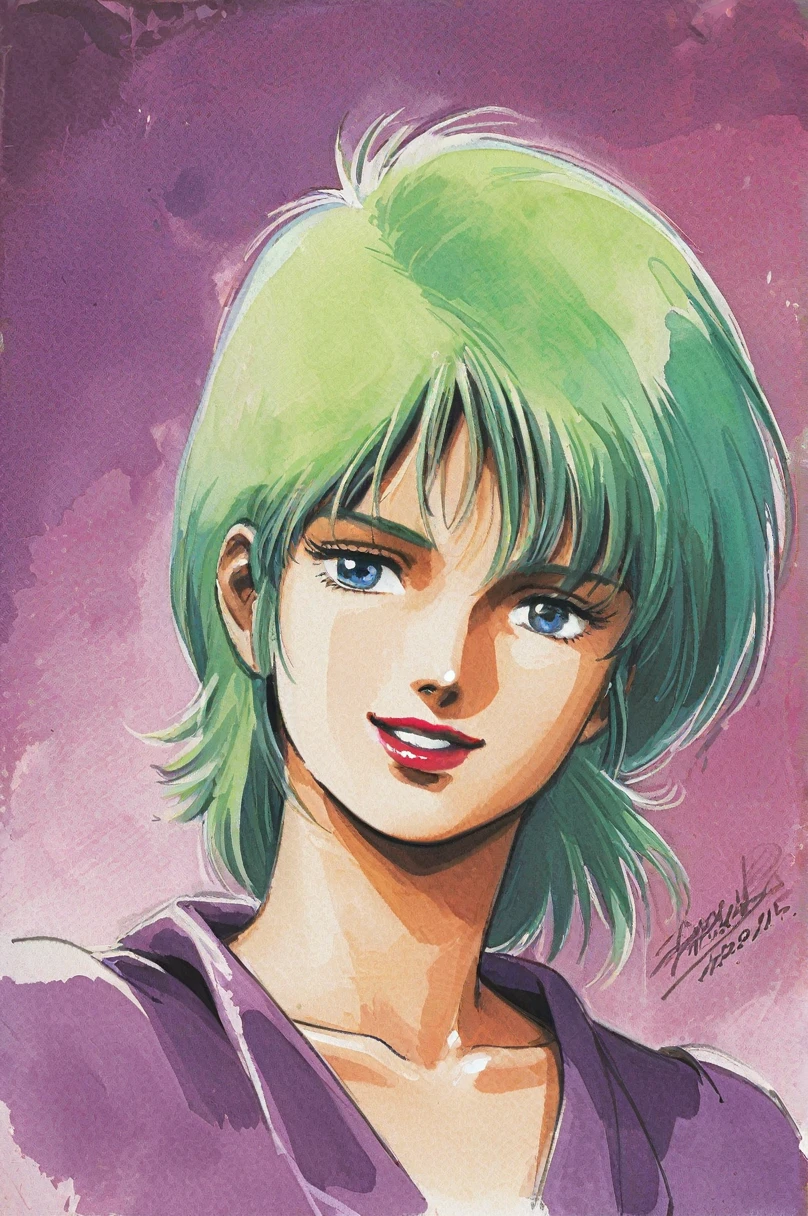 Four Murasame, 1girl, solo, short hair, signature, traditional media, blue eyes, green hair, collarbone, smile, looking at viewer, portrait, purple shirt, lipstick, upper body, dated, watercolor \(medium\),1980s (style)