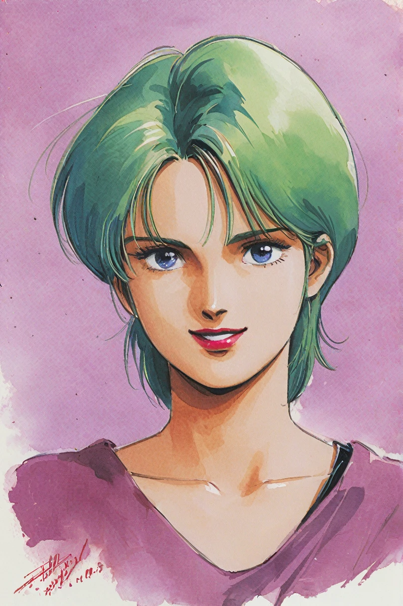 Four Murasame, 1girl, solo, short hair, signature, traditional media, blue eyes, green hair, collarbone, smile, looking at viewer, portrait, purple shirt, lipstick, upper body, dated, watercolor \(medium\),1980s (style)