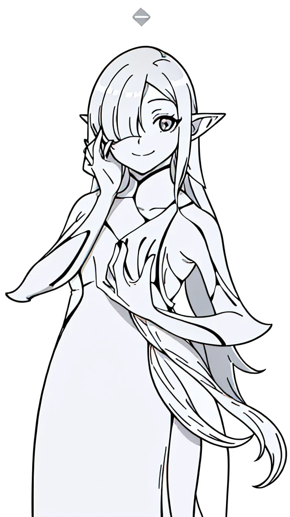 (1girl,20s,mature female),solo,white hair,long hair,(((white skin,colored skin))),elf ears,(((hair over one eye))),((gray dress with few black vertical stripes)),(white background,line drawing),(smile,yandere,yandere trance),hands on own face,hands on own cheeks