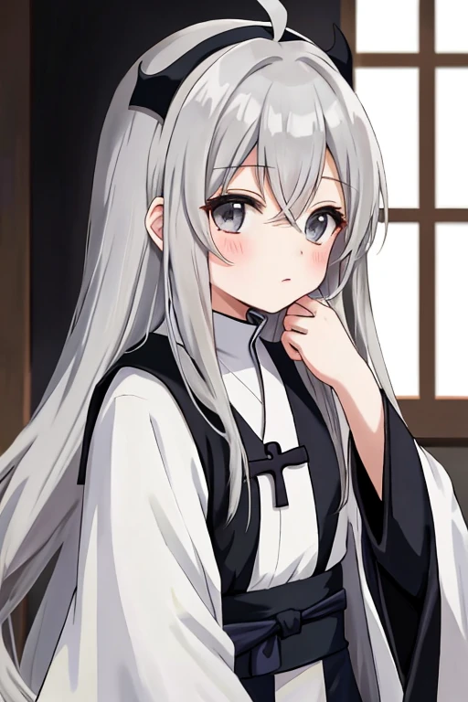 anime young girl with long grey hair and grey eyes wearing priest robes