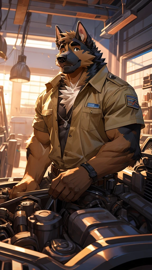 A male furry dog ​​of the Caucasian Shepherd breed is working hard as a mechanic, his chest is visible as it is uncovered and he is quite friendly