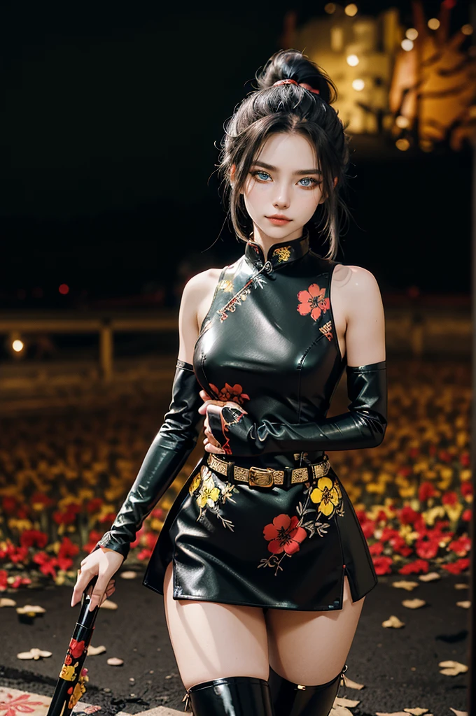 (RAW photo, best quality), Cute girl with short black hair, (ponytail), (city roof at night background), low light , green eyes , dark eyeliner, innocent smile, gorgeous face , super cute, 18 years old , young looking, hyper detailed face, dark eyeliner, (medium breast), (thin waist), (bare shoulders, (bare hips), red PVC mini dress with yellow flower decoration and vivid patterns, qipao, deep black leather thigh high boots, red PVC arm sleeves with yellow flower decorations
