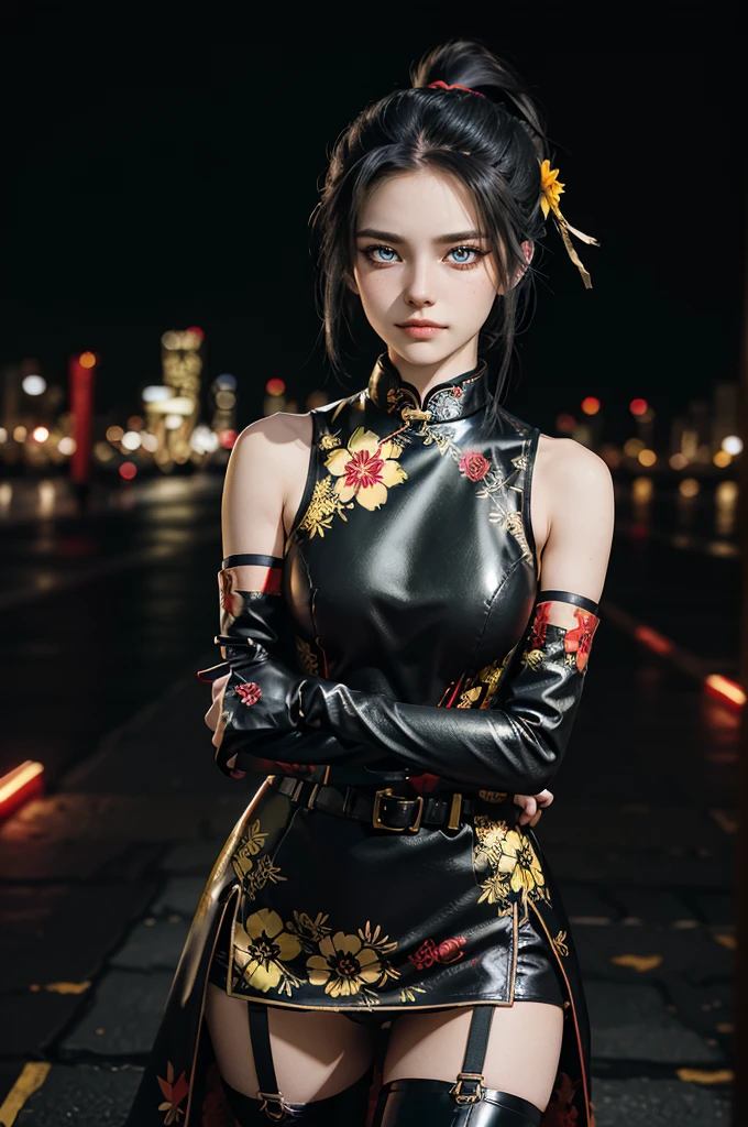 (RAW photo, best quality), Cute girl with short black hair, (ponytail), (city roof at night background), low light , green eyes , dark eyeliner, innocent smile, gorgeous face , super cute, 18 years old , young looking, hyper detailed face, dark eyeliner, (medium breast), (thin waist), (bare shoulders, (bare hips), black and red PVC mini dress with yellow flower decoration and vivid red patterns, qipao, deep black leather thigh high boots, black and red PVC arm sleeves with yellow flower decorations and vivid red patterns, (wide gold metal belt)