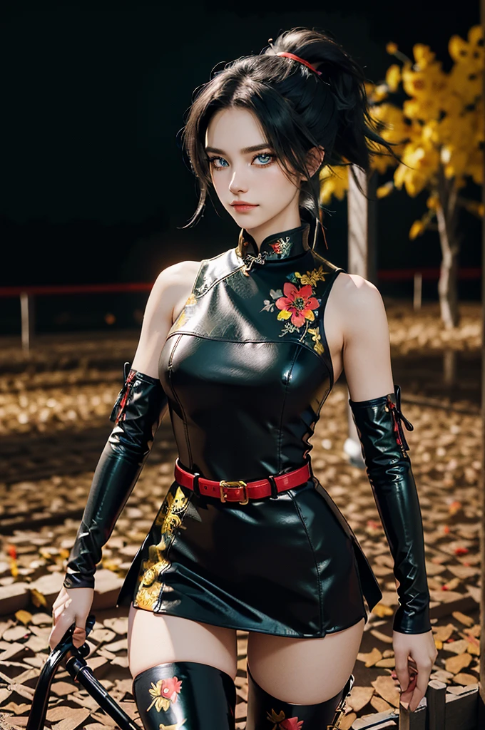 (RAW photo, best quality), Cute girl with short black hair, (ponytail), (city roof at night background), low light , green eyes , dark eyeliner, innocent smile, gorgeous face , super cute, 18 years old , young looking, hyper detailed face, dark eyeliner, (medium breast), (thin waist), (bare shoulders, (bare hips), black and red PVC mini dress with yellow flower decoration and vivid red patterns, qipao, deep black leather thigh high boots, black and red PVC arm sleeves with yellow flower decorations and vivid red patterns, (wide gold metal belt)