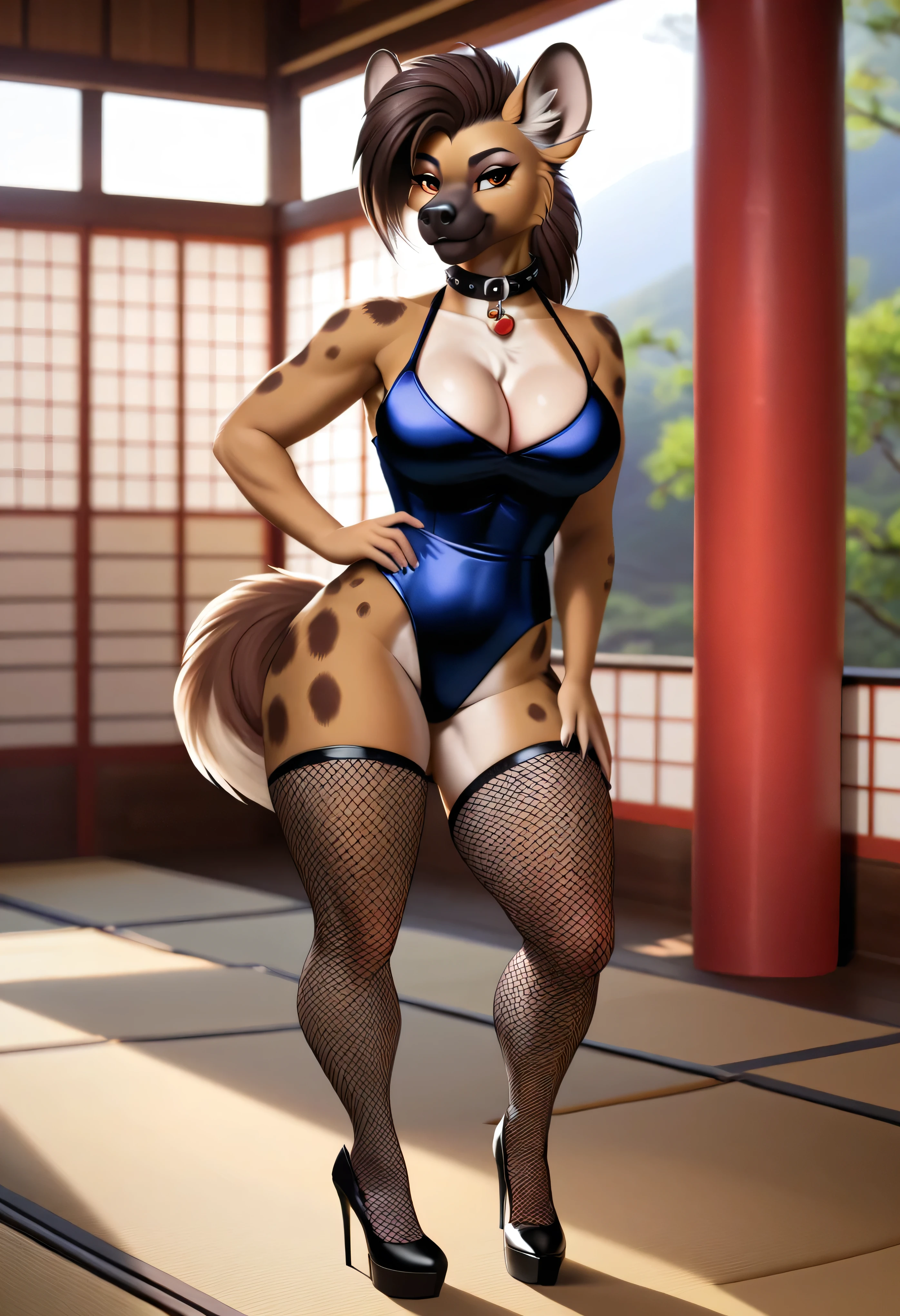 4k highly detailed realistic digital extremely high quality drawing, masterpiece, (keeltheequine style), (uploaded on e621), (anthro hyena girl, milf), (posing in a dojo), (wearing a collar, sexy kunoichi outfit, fishnet stockings and high heels), (beautiful and detailed eyes:1.1), (long legs), detailed fur, seductive, sexy, voluptuous, curvy body, hourglass figure, cinematic lighting, (f1.8 short focus bokeh)