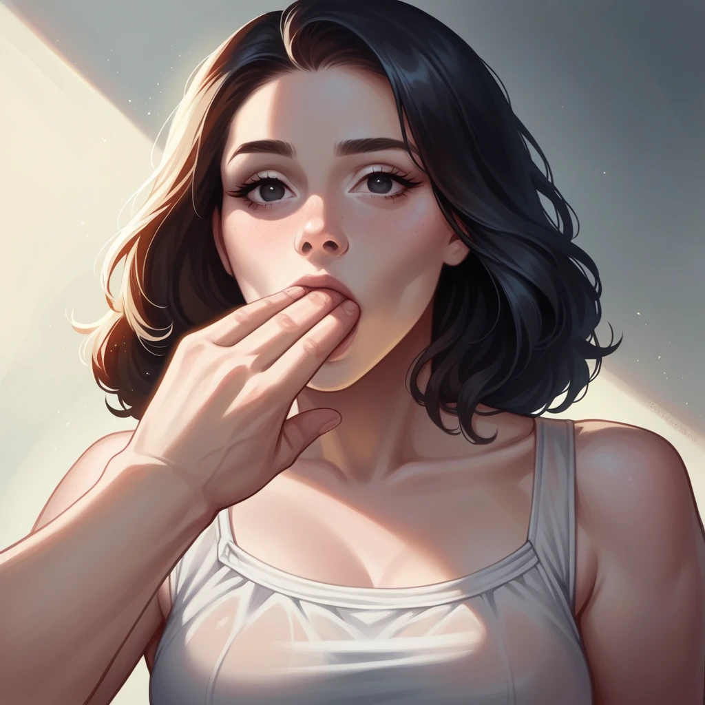 beautiful girl with realistic black eyes, pale skin, mid-length black hair, perfect face, perfect eyes, wearing sheer sundress, highly detailed, comprehensive cinematic, digital painting, 8k, cinematic lighting, best quality, highres, detailed work, post-processing, perfect result, hyper realistic, oral rape