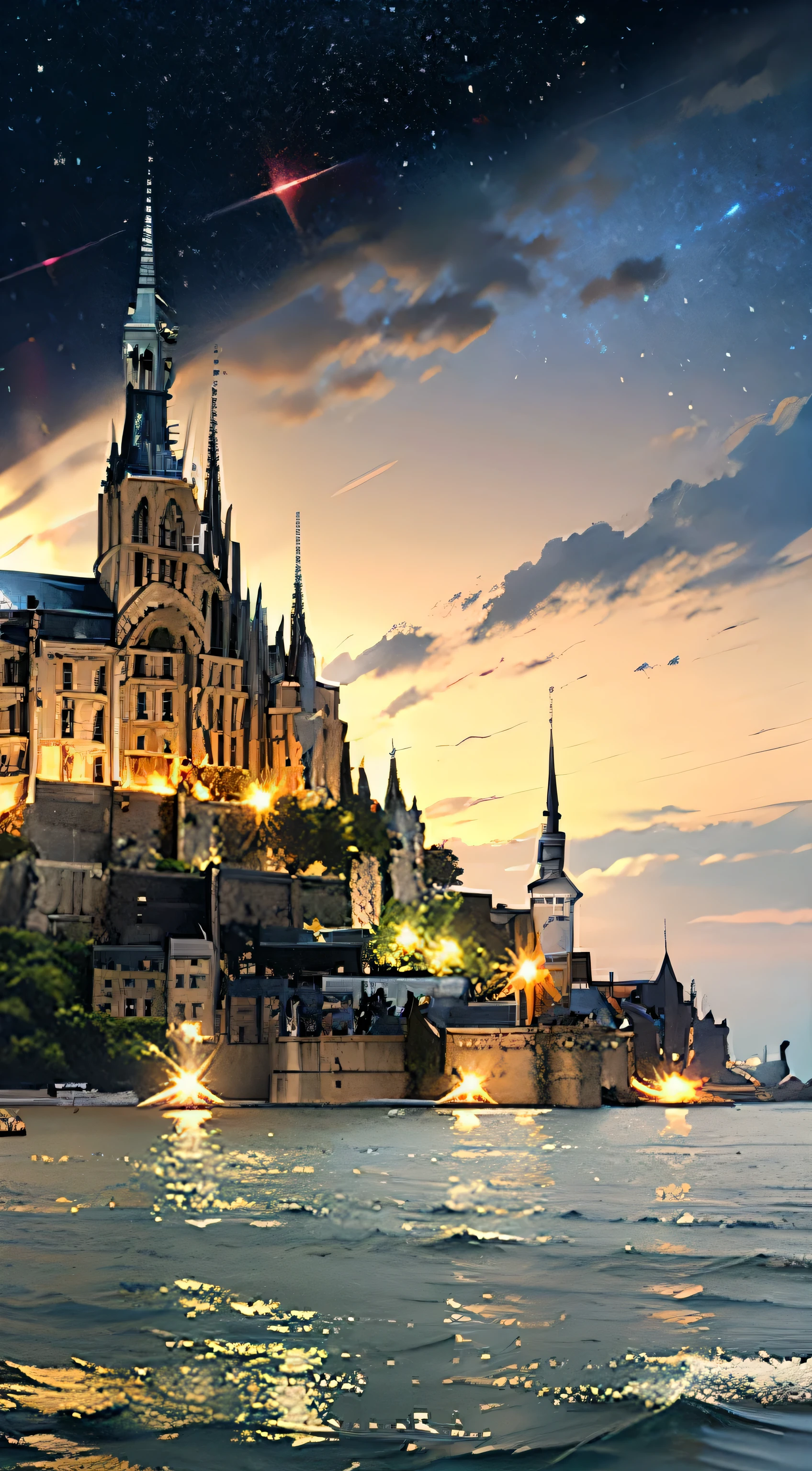 In 8K.Highest quality，masterpiece，Kilo，Ultra-rich details，detailed，Detailing，landscape画，France Mont Saint-Michel Eventide，landscape　Bright colors throughout　impression　Mont Saint-Michel, France in the space field
