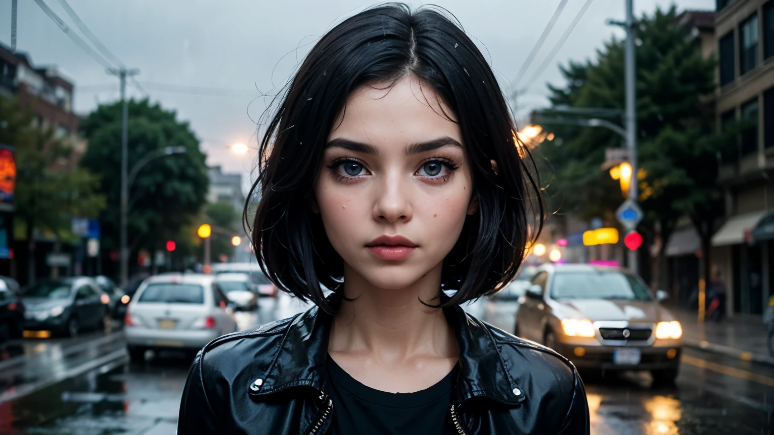 35mm film, solo, bob cut, makeup, blue eyes, , (black shirt) (jacket) (((under the rain))) in night, upper body, epiCPhoto,focus on face, close to viewer, intricate lines, intriguing atmosphere, sharp magnificent details, delicate features, elaborate details, beautiful girl, black hair, (short hair) eighteen years old woman, ((upper body)) (Acne), 