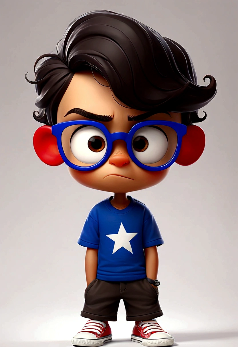 desenhar um menino de 6 anos, multiplas poses, Multiple expressions, book illustration style, simples, fofo, fundo branco. pele branca, cabelos castanhos com tons de loiro, cabelos longos e lisos, red frame glasses, olhos escuros. vestindo camiseta branca sem detalhes e short preto simples. Blue All Star Sneakers.